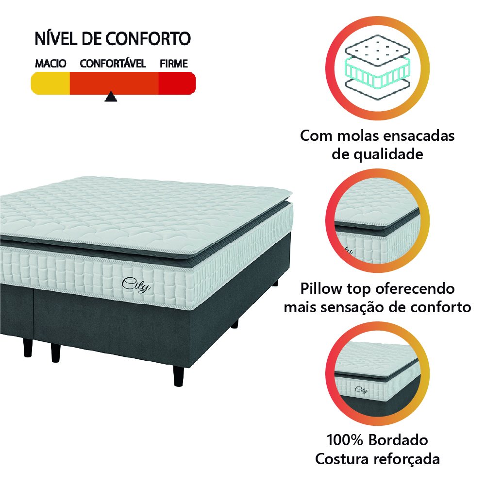 Cama Box Colchão Casal King Molas Ensacadas City Pillow Top 193x203x61cm Cinza / Branco Hellen - 5