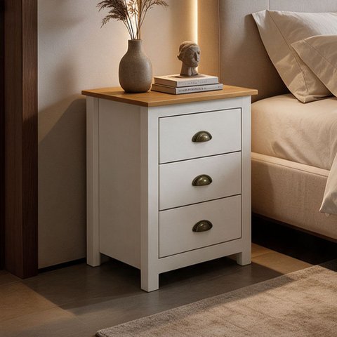 Mesa de Cabeceira 3 Gavetas Madeira Maciça Mazzaro F06 Branco Freijó - Lyam Decor
