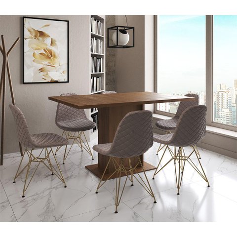 Mesa Jantar Londres Retangular Amêndoa 137x90cm 6 Cadeiras Estofadas Nude Médio Base Dourado