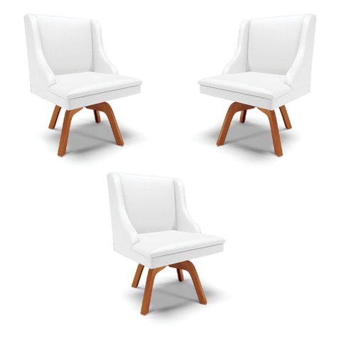 Kit 3 Cadeiras Decorativas Sala de Jantar Base Giratória de Madeira Firenze PU Branco Fosco/Natural 