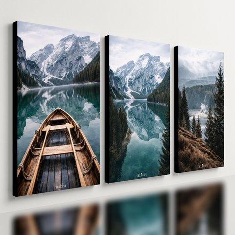 Kit3 Quadro Decorativo Aesthetic Montanha Lago Neve Paisagem 40x28cm