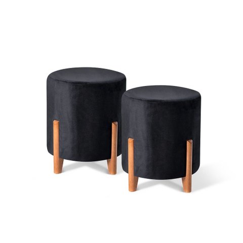 Kit 02 Puffs Decorativo Redondo em Suede Cor Preto