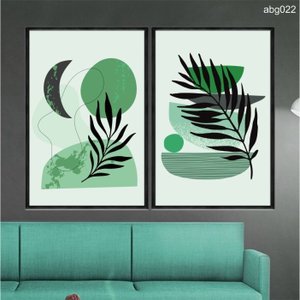 Kit 02 Quadros Decorativos - Abstrato Formas Verde Abg022 Tela Canvas - 40x60cm Cada