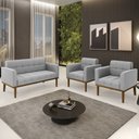Ver imagem 2 de Sofá Namoradeira e 2 Poltronas Base Madeira Castanho Ana Suede Cinza - Ibiza
