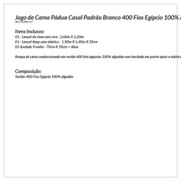 Roupa de Cama Casal Padrão Branco 400 Fios Egípcio 100% Algodão 4 Peças - 3