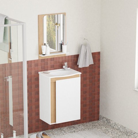 Kit para Banheiro em Madeira com Lavatório e Espelheira Begônia Branco