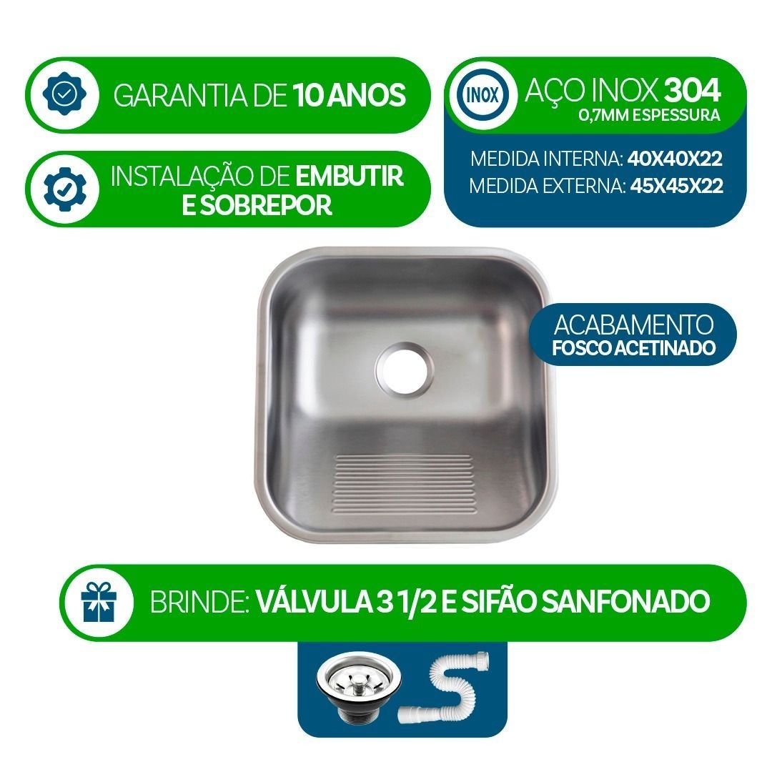 5 Tanque Inox 40x34x20 Aço 304 Fosco Cozinha As Atacado Kit - 2
