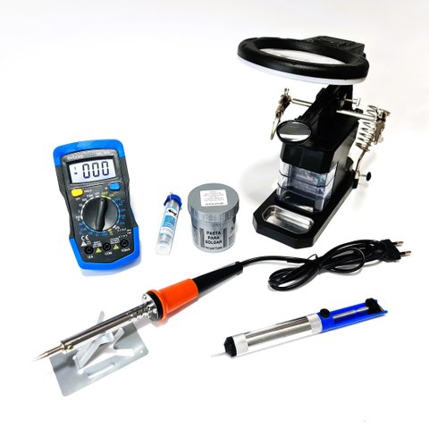 kit Ferro de Solda 60w 110v Multimetro 830L Lupa estanho pasta sugador