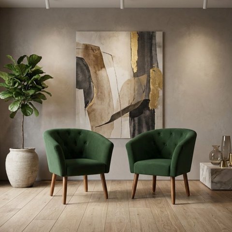 Jogo 2 Poltronas Estofadas Tecido Veludo Elegante para Sala de Espera Aconchegante Pés de Madeira Re