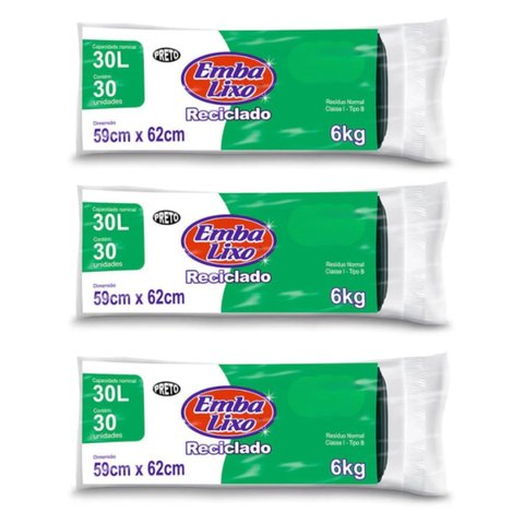 Kit 3 Pacotes Sacos de Lixo Preto Reciclado Resistente Reforçado 30 Litros 59cm x 62cm Pacote com 30