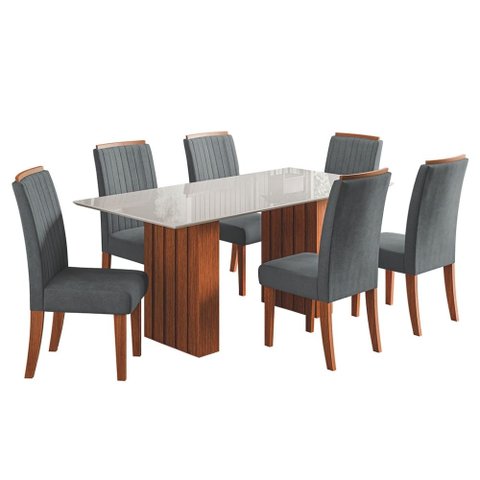 Conjunto de Mesa Sala de Jantar Ripada Tampo com Vidro Santiago 1,60m 6 Cadeiras Grécia Dobuê