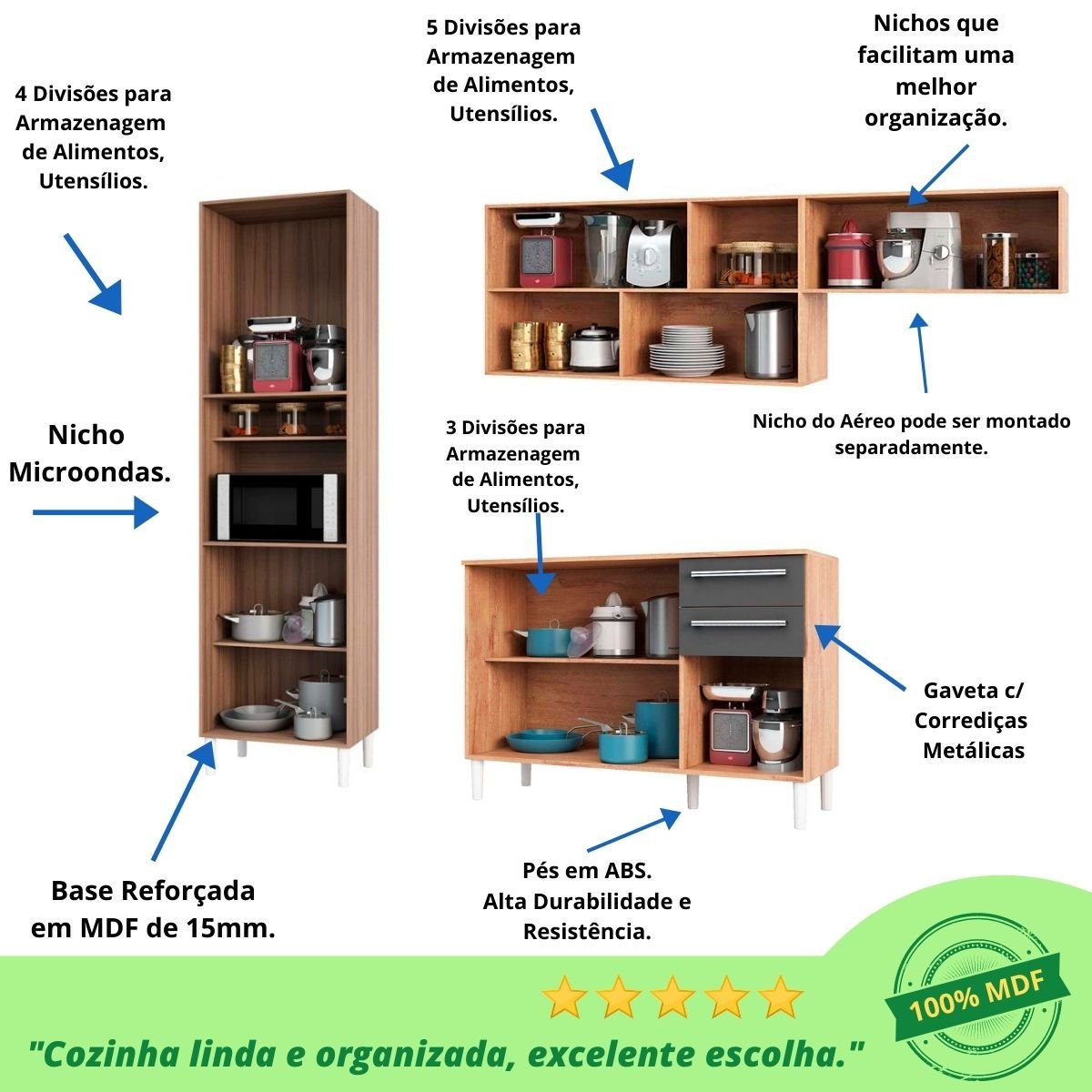 Cozinha Completa Carmenere 7 Portas 2 Gavetas Armário Balcão e Nicho - Castanho com Chumbo - 3
