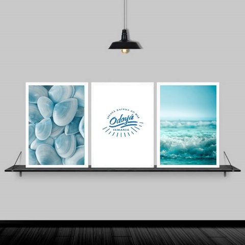 Kit 3 Quadros Mar Odayá Iemanjá 33x24cm - com vidro:Madeira branca