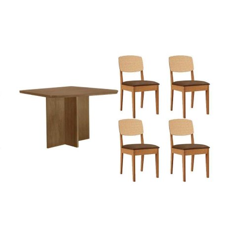 Sala de Jantar Completa Berlim C/ Tampo Madeirado Canto Curvo 90x90cm e 4 Cadeiras Havana Premium