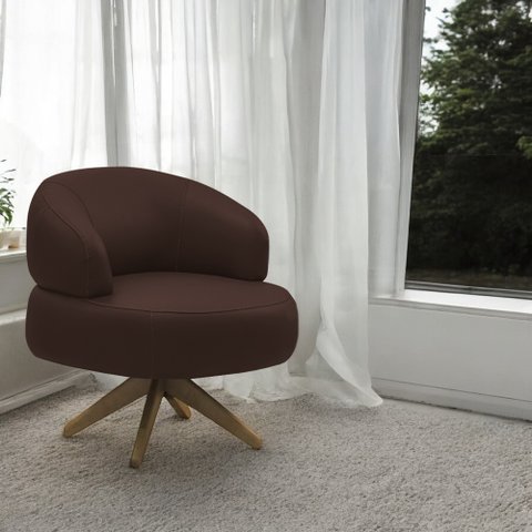 Poltrona Decorativa Katy Sala de Estar Base Giratória em Madeira Couro Marrom Chocolate G88 - Gran B