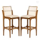 Ver imagem 1 de Kit 2 Banquetas para Cozinha Americana Lisboa Encosto Rattan Madeira Imbuia Linho Bege M58 Rmi
