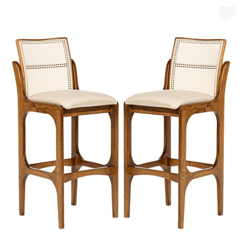 Kit 2 Banquetas para Cozinha Americana Lisboa Encosto Rattan Madeira Imbuia Linho Bege M58 Rmi
