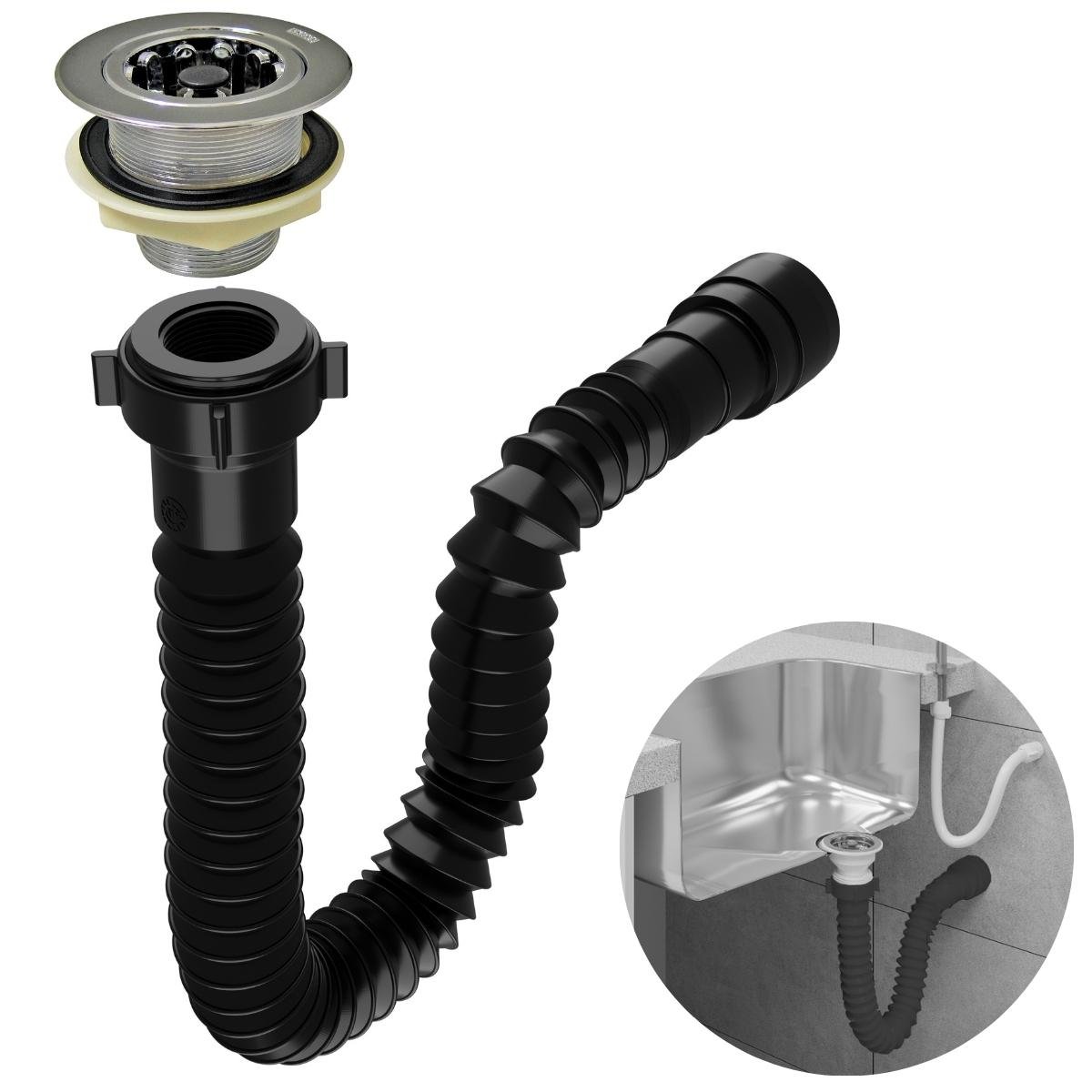 Sifão Sanfonado Universal 61cm Preto + Válvula Americana | Astra - 1