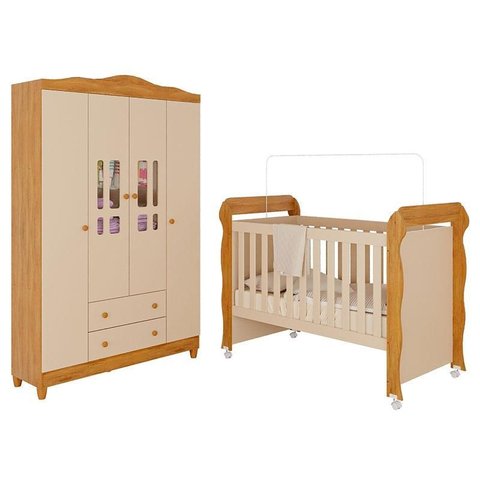 Berço Americano Mirelle e Guarda Roupa Infantil Ariel 4 Portas Off White Bétula– Carolina Baby