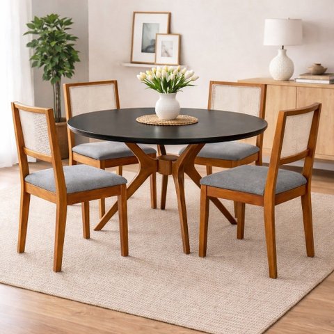 Conj Sala de Jantar Mesa Red Vid C/4 Cad Betina Mad Eucalipto:preto/cinza