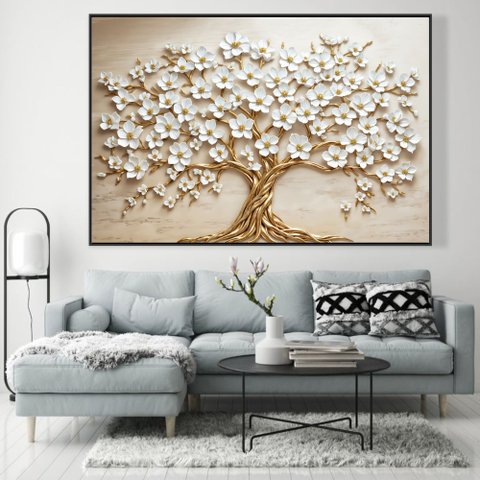 Quadro Decorativo Árvore da Vida Flores Brancas Sala Quarto Casa Escritório