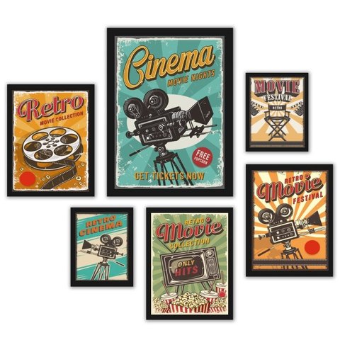Composição 6 Quadros Decorativos Sala de Cinema:madeira Preta