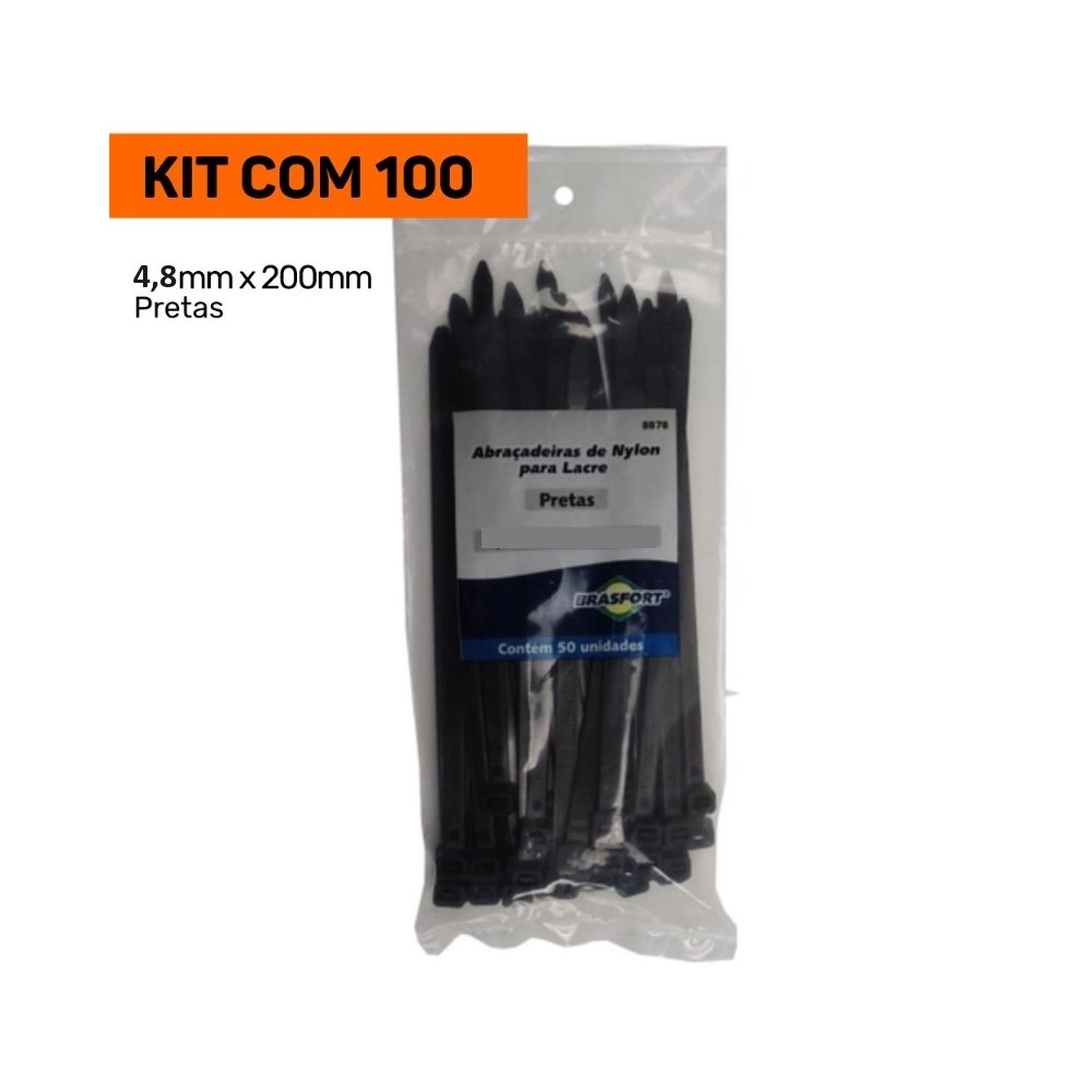 Kit 100un Abraçadeira de Nylon Cinta Plástica 4.8mm X 200mm Preta - 2