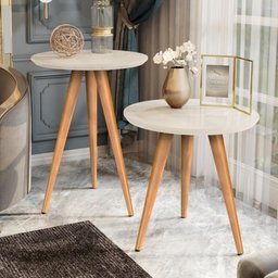 Conjunto Mesa Apoio Lateral Redonda Pés Palito Classic-off White - 1