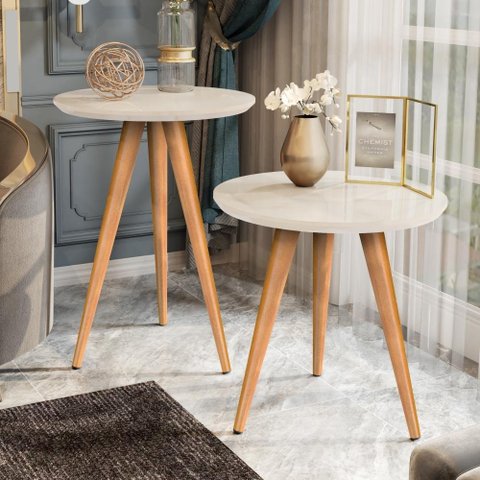 Conjunto Mesa Apoio Lateral Redonda Pés Palito Classic-off White