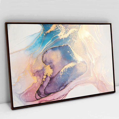 Quadro Decorativo em Canvas Abstrato Aquarela Luxo TaColado Moldura Flutuante 4,5cm Madeira 90 x 60c