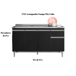 Balcão Gabinete para Pia Tatiane S/tampo 150cm 4 Portas 1 Gaveta Preto Ajl Móveis - 3