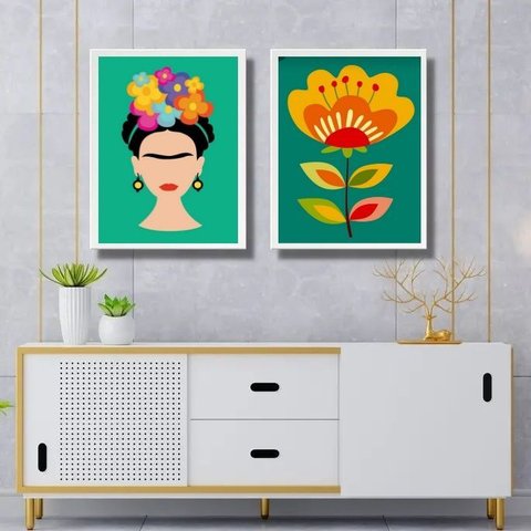 Kit 2 Quadros Decorativos Gravuras Frida e Flores 45x34cm:moldura Branca