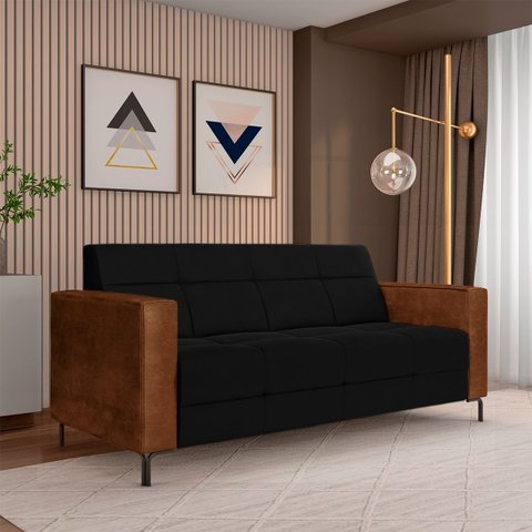 Sofá Living Decorativo Houston 2 Lugares 200cm Pés em Metal Veludo/ Pu Preto/ Marrom G33 - Gran Belo