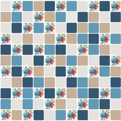 Papel de Parede Pastilhas Floridas Cinza e Azul - 3,30x0,50m