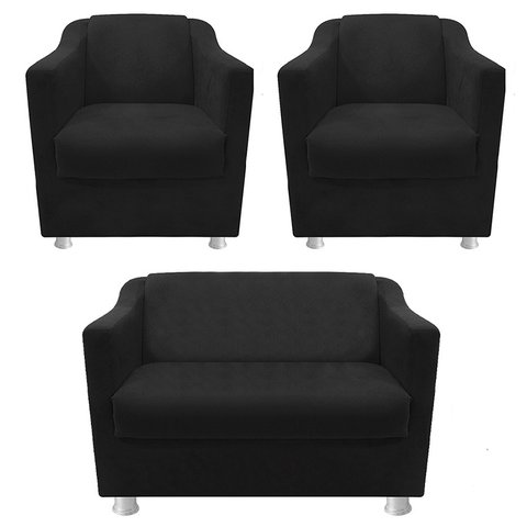 Kit 2 Poltronas e Namoradeira Tilla Suede Preto Twdecora