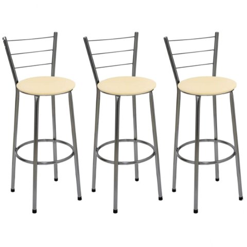 Kit 3 Banquetas Média Cromada Com Encosto Assento Bege