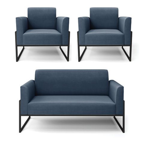 Sofá Namoradeira com 2 Poltronas Base Industrial Alta Preto Marisa Suede D03 - D’Rossi Azul M