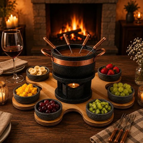 Kit Fondue Panela Pedra 800 ml Suporte Giratório +Cumbucas +Garfinhos