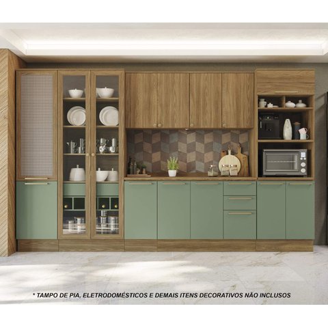 Armário de Cozinha Modulada Completa Reta 9 Peças 3,60m Botanic Kappesberg - Nogueira/Verde Oliva