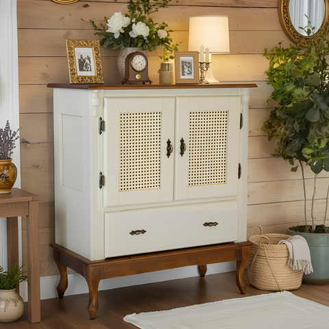 Cristaleira Rústica Madeira com 2 Portas Rattan 1 Gaveta - Nude Laca com Tampo e Base Imbuia Glazer