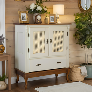 Cristaleira Rústica Madeira com 2 Portas Rattan 1 Gaveta - Nude Laca com Tampo e Base Imbuia Glazer