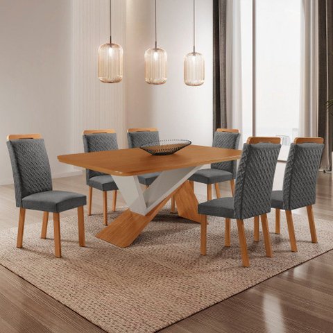 Mesa de Jantar Yasmin 180 cm Tampo MDF Laminado Canto Copo com 6 Cadeiras Aline