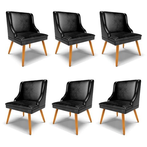 Kit 6 Cadeiras Decorativas Sala de Jantar Pés Palito de Madeira Firenze Pu Preto Brilho/natural G19