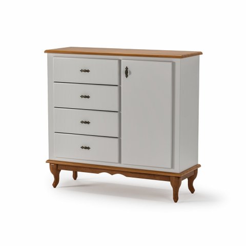 Cômoda com 4 Gavetas e 1 Porta Clássica Pés Luiz Xv Offwhite - Imbuia