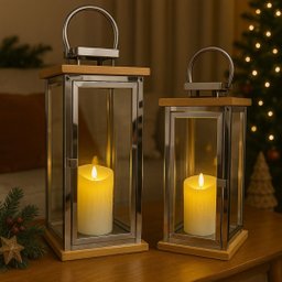 Jogo 2 Lanternas Decorativa Luxo Inox e Madeira Prime Grande 60cm e 43cm - Empório Decor - 2