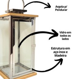 Jogo 2 Lanternas Decorativa Luxo Inox e Madeira Prime Grande 60cm e 43cm - Empório Decor - 4
