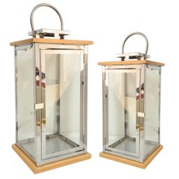 Jogo 2 Lanternas Decorativa Luxo Inox e Madeira Prime Grande 60cm e 43cm - Empório Decor - 1