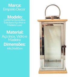 Jogo 2 Lanternas Decorativa Luxo Inox e Madeira Prime Grande 60cm e 43cm - Empório Decor - 9
