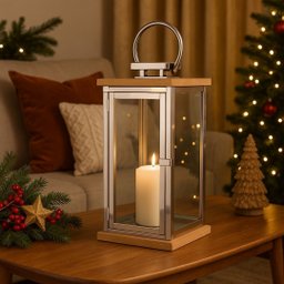 Jogo 2 Lanternas Decorativa Luxo Inox e Madeira Prime Grande 60cm e 43cm - Empório Decor - 3