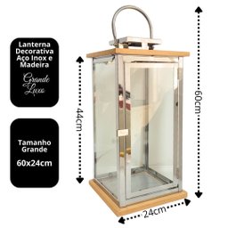 Jogo 2 Lanternas Decorativa Luxo Inox e Madeira Prime Grande 60cm e 43cm - Empório Decor - 5
